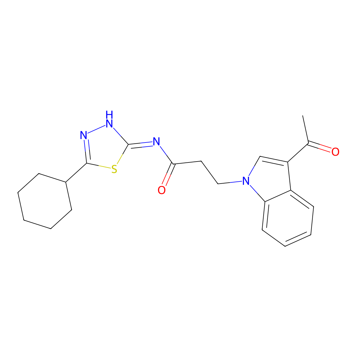 3-(3-acetyl-1H-indol-1-yl)-N-(5-cyclohexyl-1,3,4-thiadiazol-2-yl)propanamide molecular structure, CAS 1224172-97-7