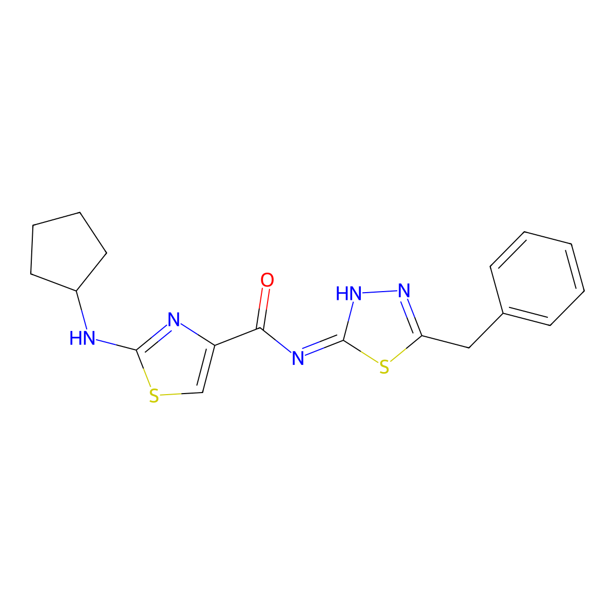 N-[(2E)-5-benzyl-1,3,4-thiadiazol-2(3H)-ylidene]-2-(cyclopentylamino)-1,3-thiazole-4-carboxamide molecular structure, CAS 1224173-02-7