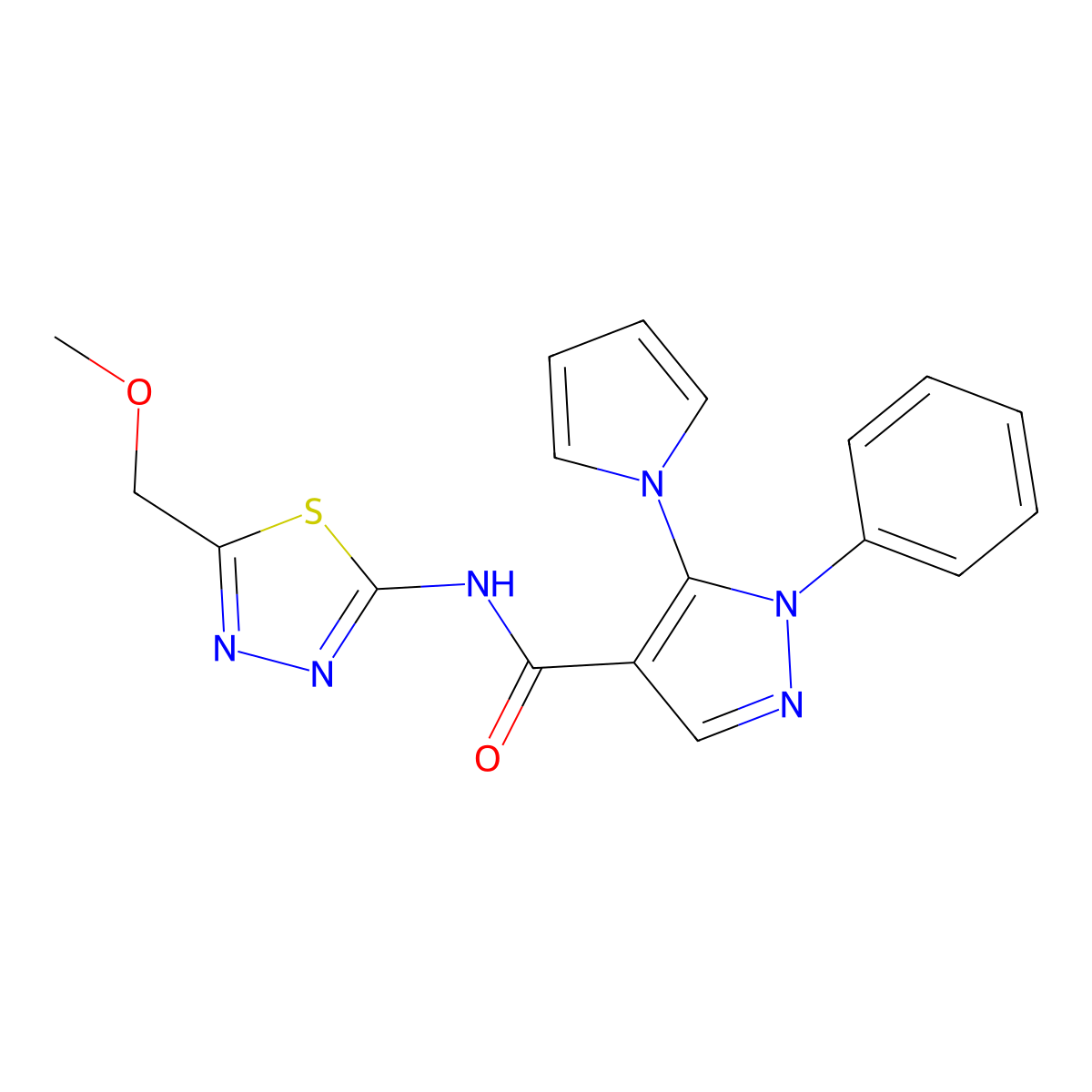 N-[(2E)-5-(methoxymethyl)-1,3,4-thiadiazol-2(3H)-ylidene]-1-phenyl-5-(1H-pyrrol-1-yl)-1H-pyrazole-4-carboxamide molecular structure, CAS 1224173-16-3