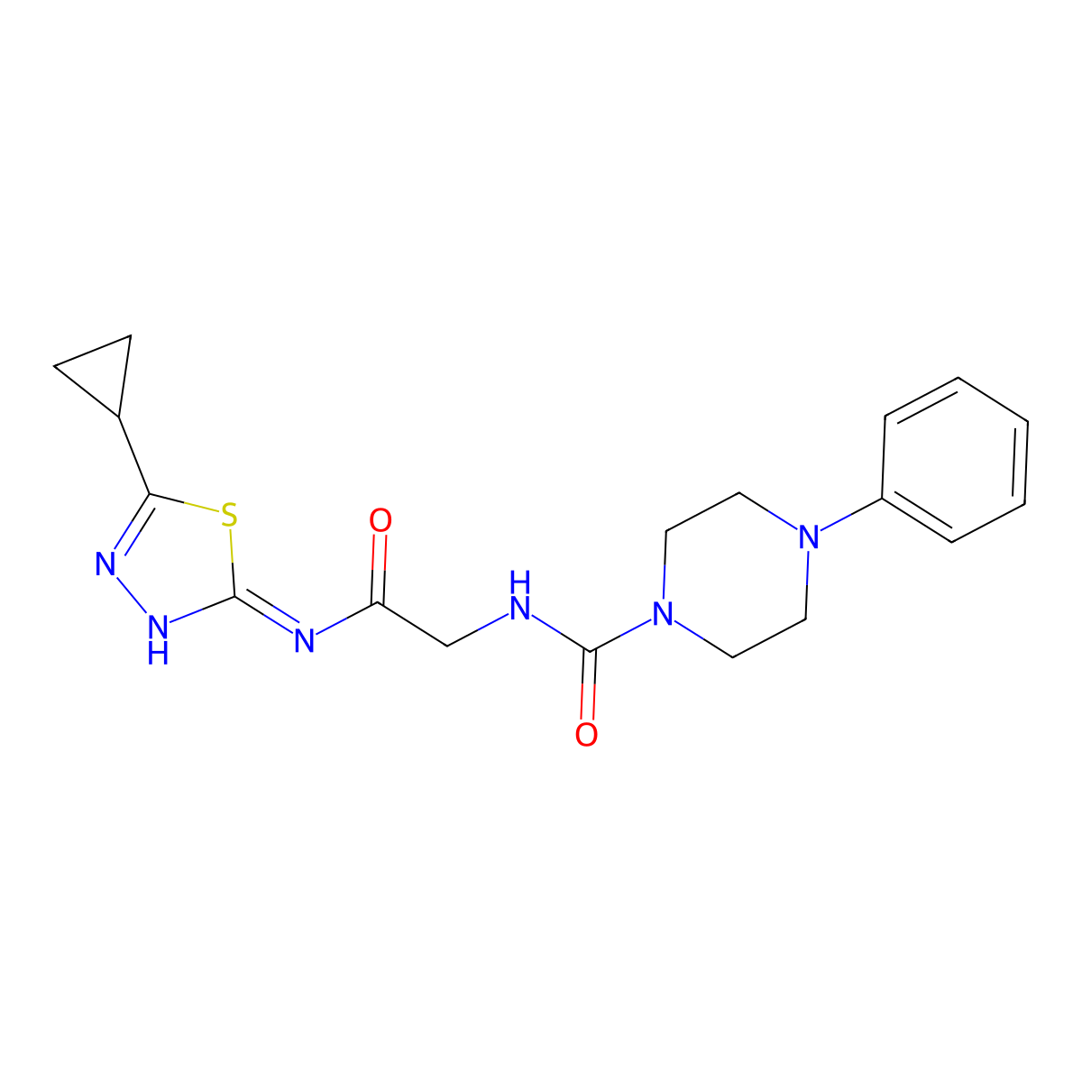 N-(2-{[(2Z)-5-cyclopropyl-1,3,4-thiadiazol-2(3H)-ylidene]amino}-2-oxoethyl)-4-phenylpiperazine-1-carboxamide molecular structure, CAS 1224173-20-9