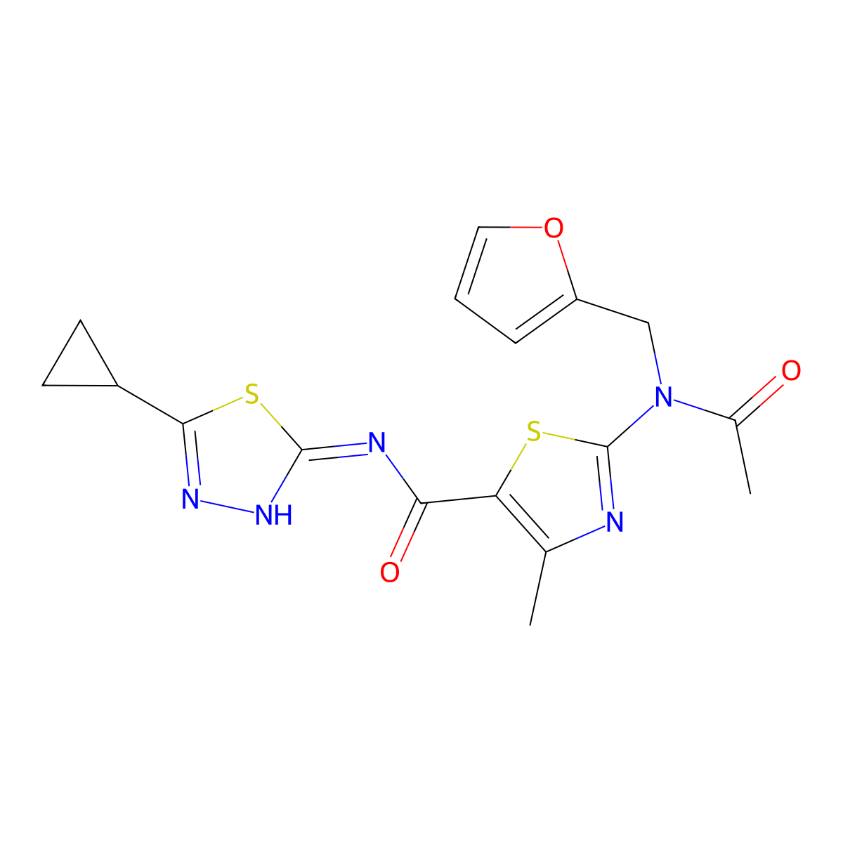 2-[acetyl(furan-2-ylmethyl)amino]-N-[(2E)-5-cyclopropyl-1,3,4-thiadiazol-2(3H)-ylidene]-4-methyl-1,3-thiazole-5-carboxamide molecular structure, CAS 1224173-21-0