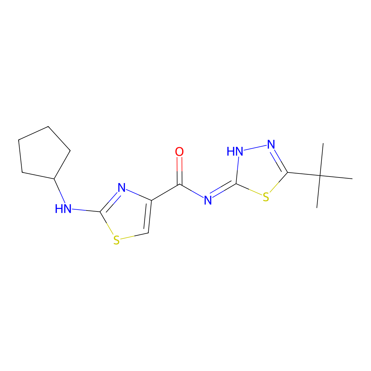 N-[(2E)-5-tert-butyl-1,3,4-thiadiazol-2(3H)-ylidene]-2-(cyclopentylamino)-1,3-thiazole-4-carboxamide molecular structure, CAS 1224173-29-8