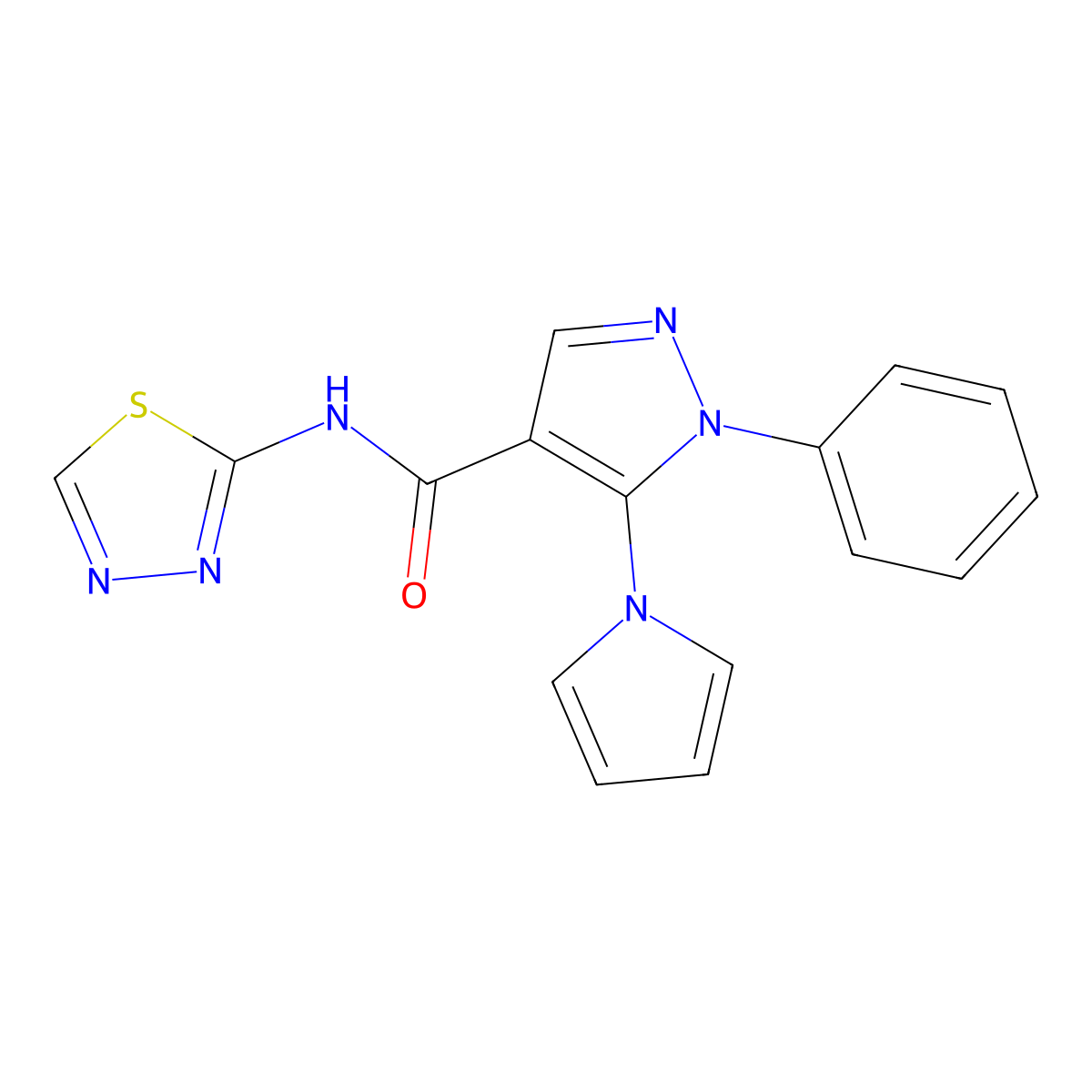 1-phenyl-5-(1H-pyrrol-1-yl)-N-(1,3,4-thiadiazol-2-yl)-1H-pyrazole-4-carboxamide molecular structure, CAS 1224173-33-4