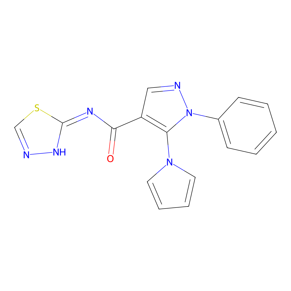 1-phenyl-5-(1H-pyrrol-1-yl)-N-(1,3,4-thiadiazol-2-yl)-1H-pyrazole-4-carboxamide molecular structure, CAS 1224173-33-4