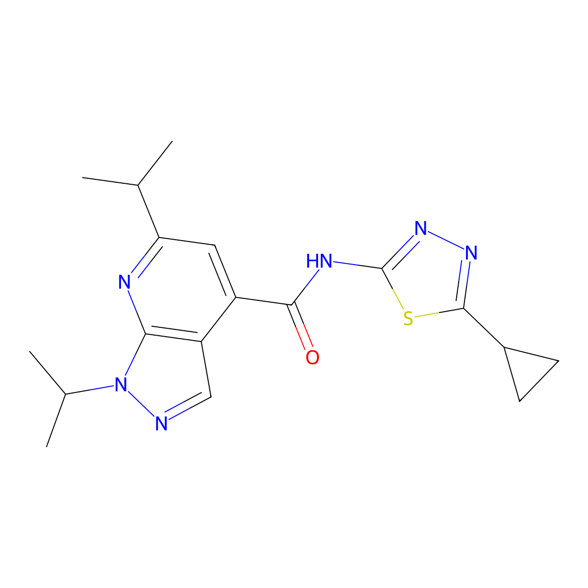 N-[(2E)-5-cyclopropyl-1,3,4-thiadiazol-2(3H)-ylidene]-1,6-di(propan-2-yl)-1H-pyrazolo[3,4-b]pyridine-4-carboxamide molecular structure, CAS 1224173-35-6