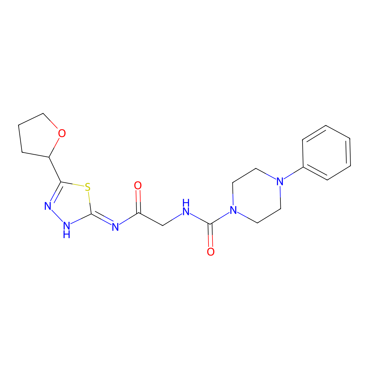 N-(2-oxo-2-{[(2Z)-5-(tetrahydrofuran-2-yl)-1,3,4-thiadiazol-2(3H)-ylidene]amino}ethyl)-4-phenylpiperazine-1-carboxamide molecular structure, CAS 1224173-69-6