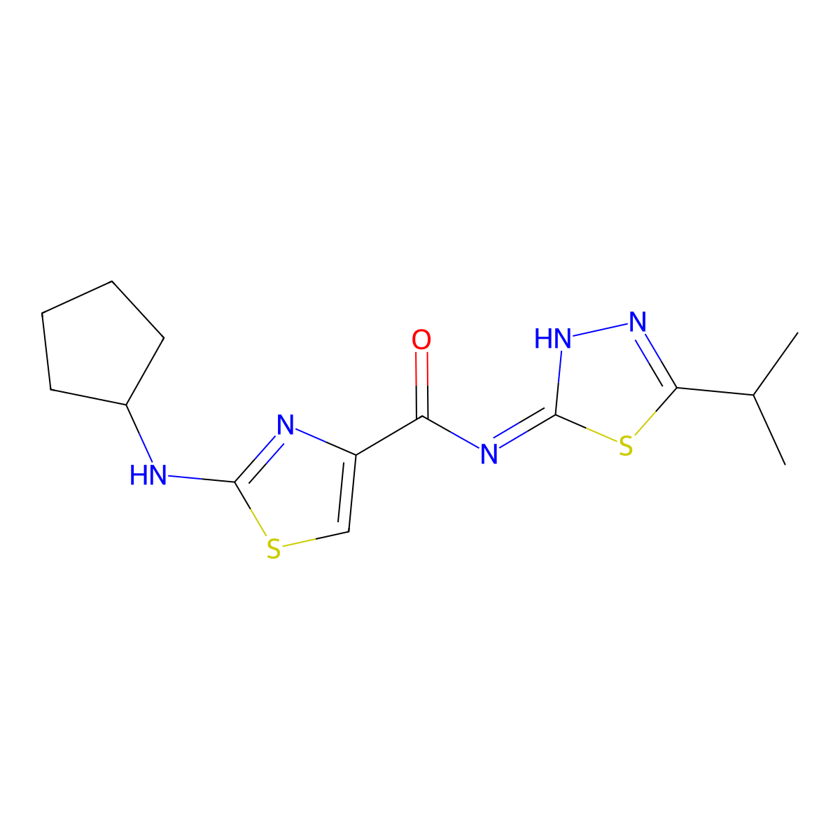 2-(cyclopentylamino)-N-[(2E)-5-(propan-2-yl)-1,3,4-thiadiazol-2(3H)-ylidene]-1,3-thiazole-4-carboxamide molecular structure, CAS 1224173-84-5