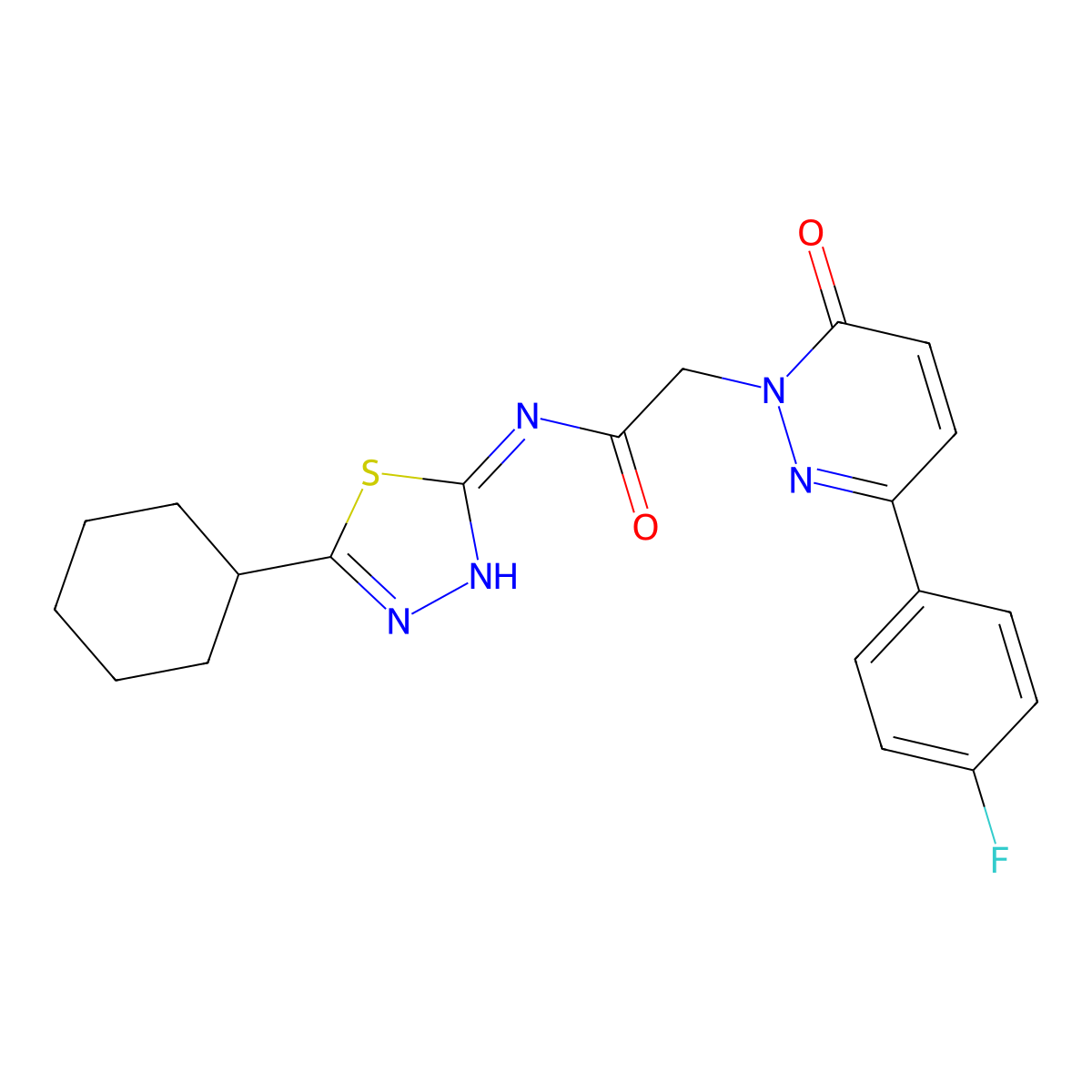 N-[(2E)-5-cyclohexyl-1,3,4-thiadiazol-2(3H)-ylidene]-2-[3-(4-fluorophenyl)-6-oxopyridazin-1(6H)-yl]acetamide molecular structure, CAS 1224173-96-9