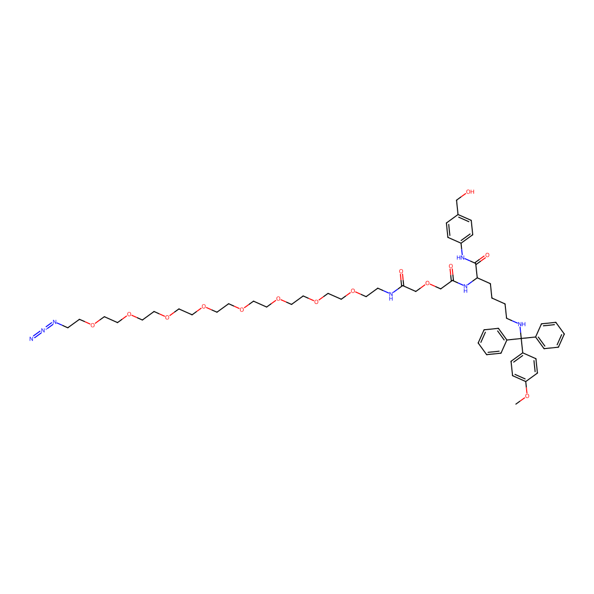 (2S)-2-[[2-[2-[2-[2-[2-[2-[2-[2-[2-[2-(2-azidoethoxy)ethoxy]ethoxy]ethoxy]ethoxy]ethoxy]ethoxy]ethoxy]ethylamino]-2-oxoethoxy]acetyl]amino]-N-[4-(hydroxymethyl)phenyl]-6-[[(4-methoxyphenyl)-diphenylmethyl]amino]hexanamide molecular structure, CAS 1224601-12-0