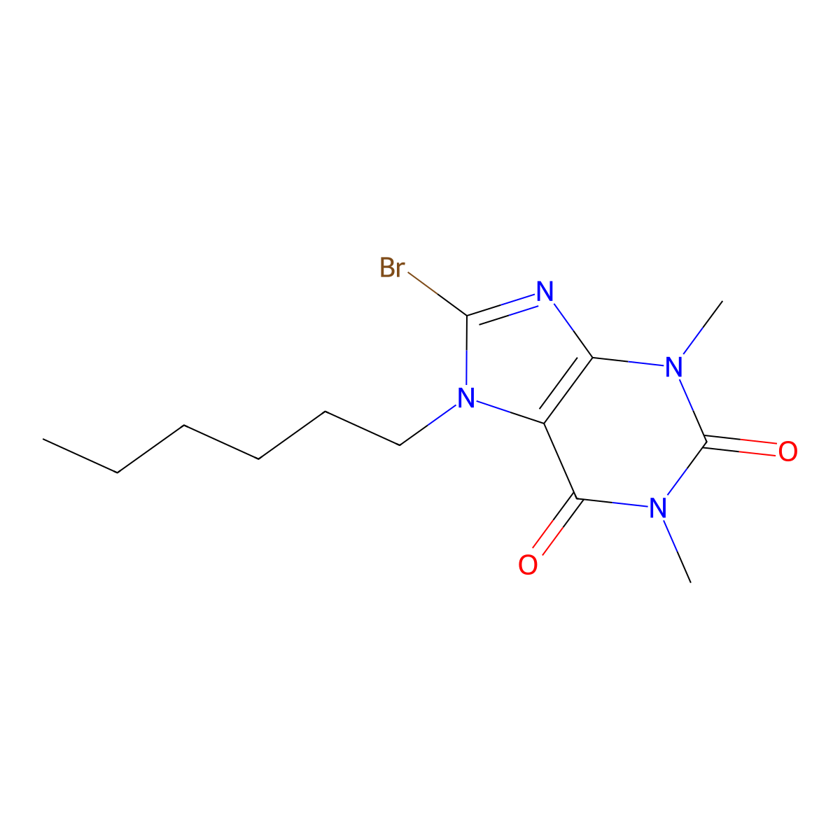 8-bromo-7-hexyl-1,3-dimethyl-3,7-dihydro-1H-purine-2,6-dione molecular structure, CAS 1225-19-0