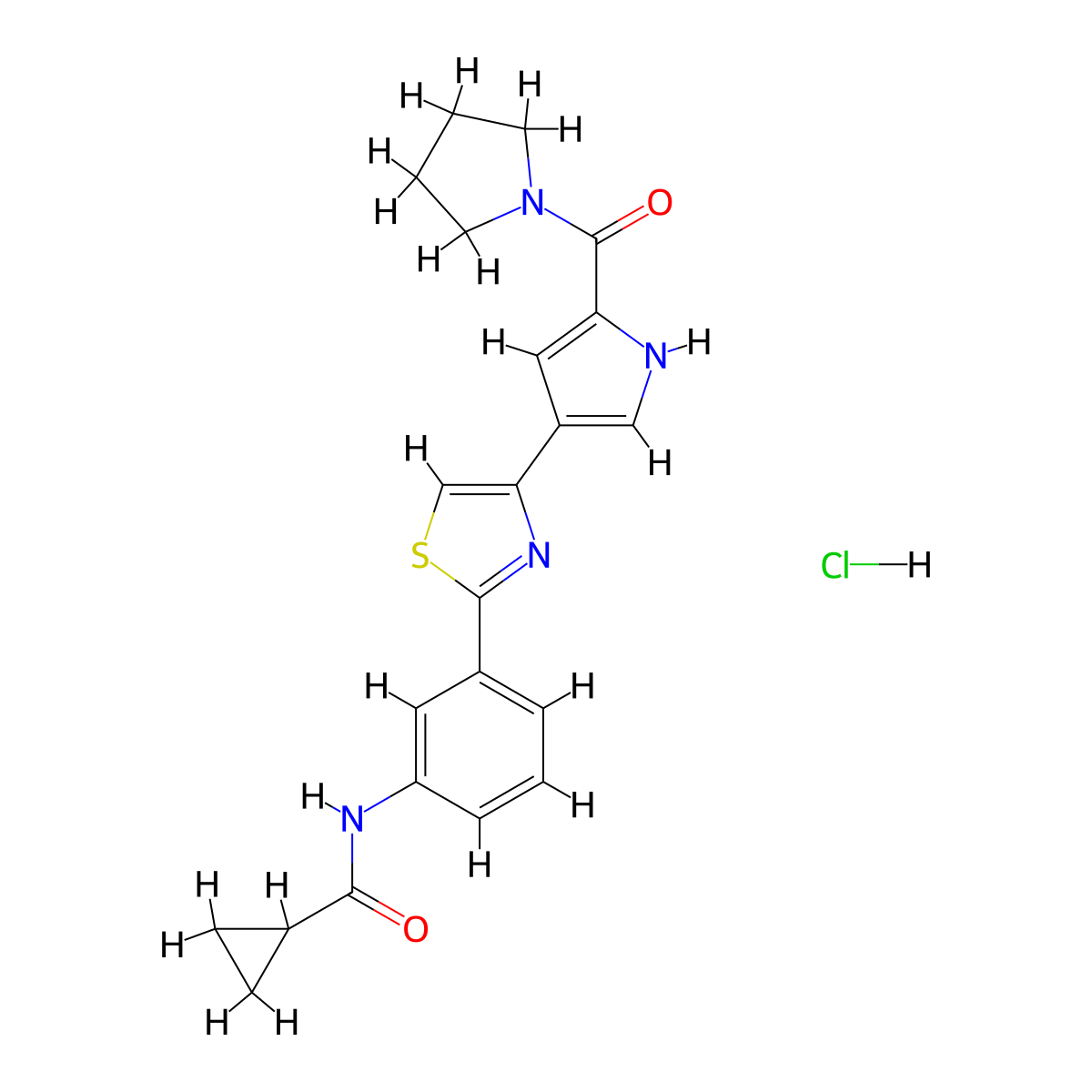 N-(3-{4-[5-(pyrrolidine-1-carbonyl)-1H-pyrrol-3-yl]-1,3-thiazol-2-yl}phenyl)cyclopropanecarboxamide hydrochloride molecular structure, CAS 1225040-09-4