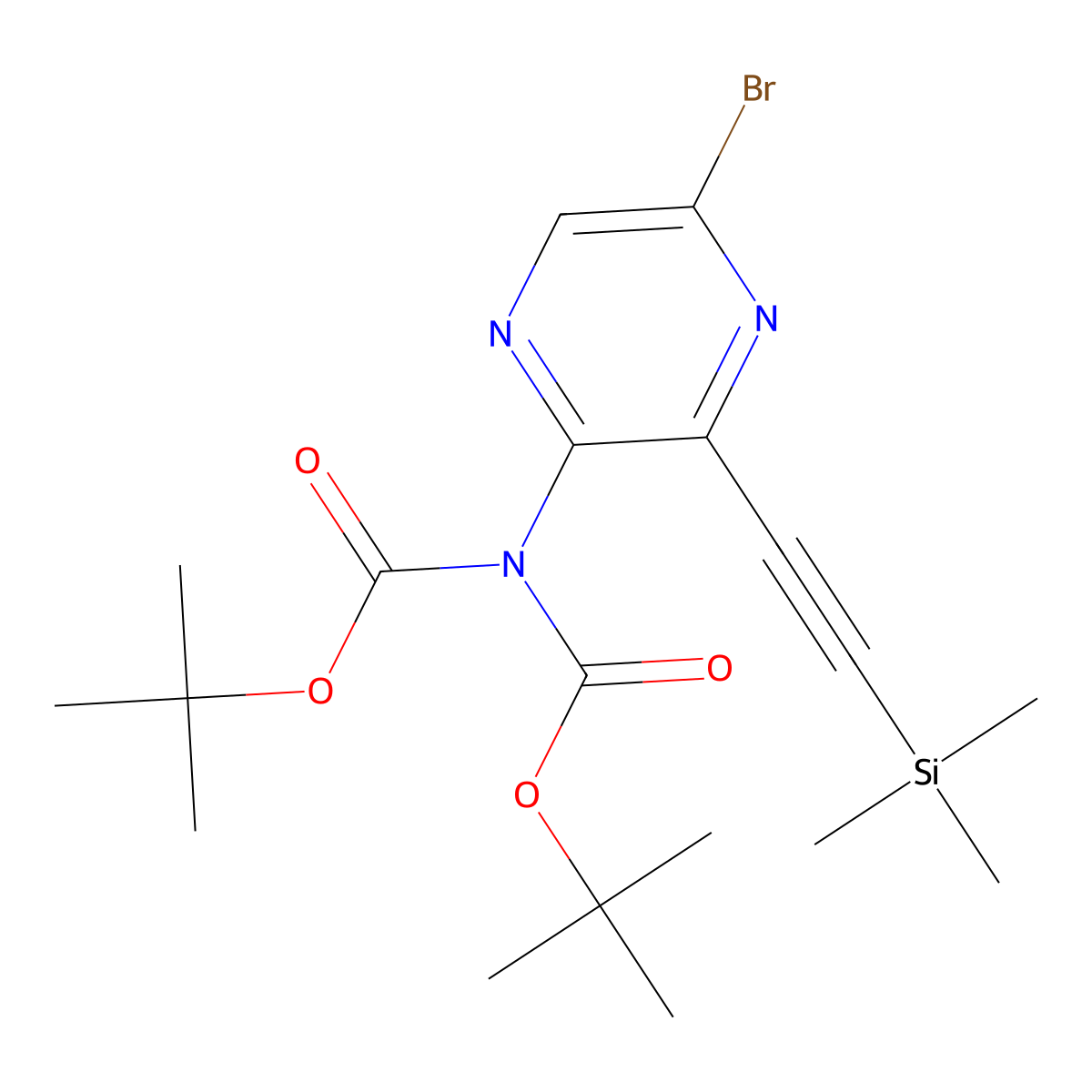 Tert-butyl N-tert-butoxycarbonyl-N-[5-bromo-3-((trimethylsilyl)ethynyl)pyrazin-2-yl]carbamate molecular structure, CAS 1225062-32-7