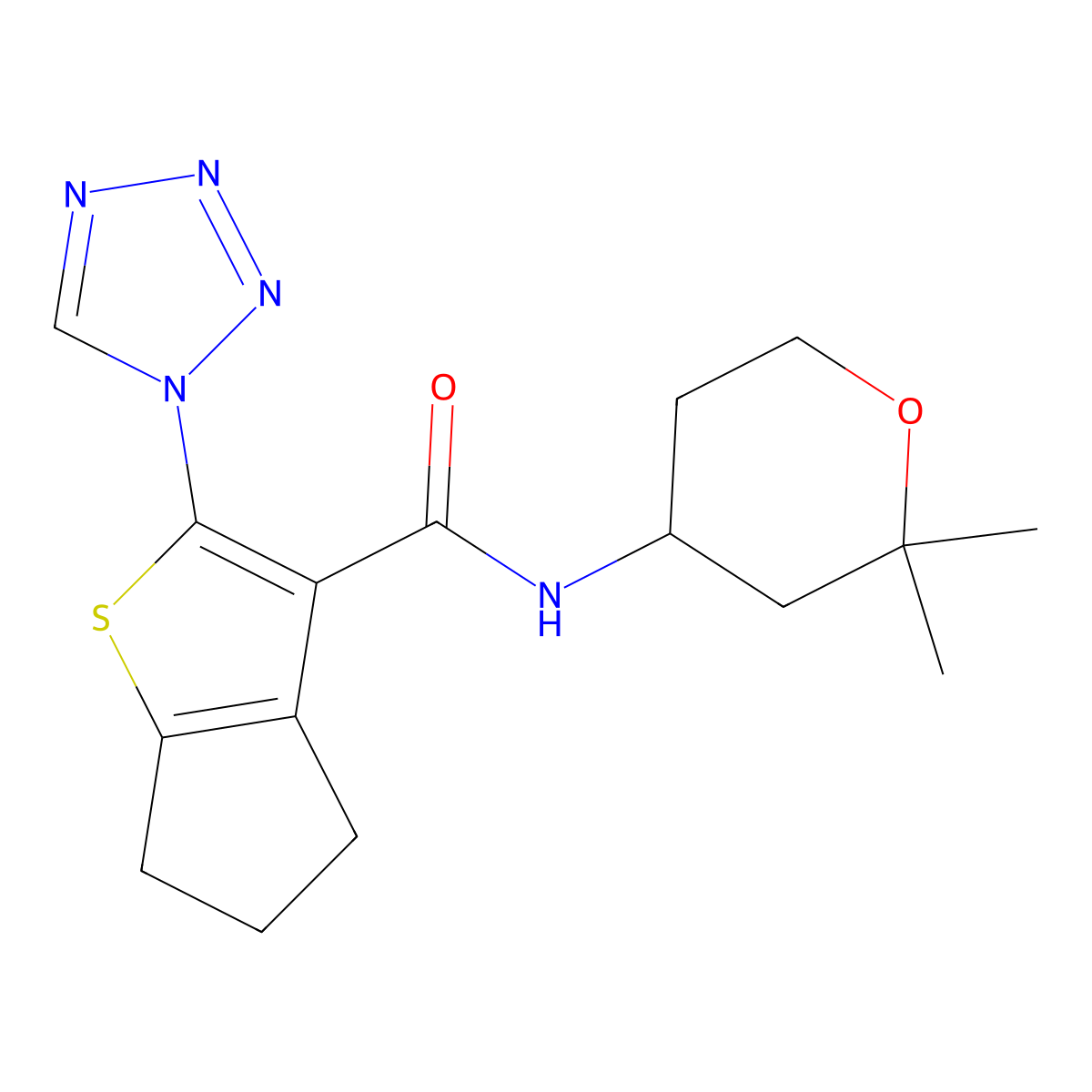 N-(2,2-dimethyltetrahydro-2H-pyran-4-yl)-2-(1H-tetrazol-1-yl)-5,6-dihydro-4H-cyclopenta[b]thiophene-3-carboxamide molecular structure, CAS 1225071-46-4