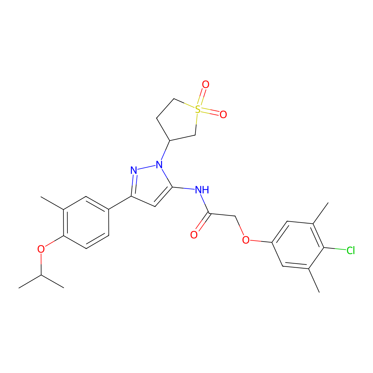 2-(4-chloro-3,5-dimethylphenoxy)-N-(1-(1,1-dioxidotetrahydrothiophen-3-yl)-3-(4-isopropoxy-3-methylphenyl)-1H-pyrazol-5-yl)acetamide molecular structure, CAS 1225136-70-8