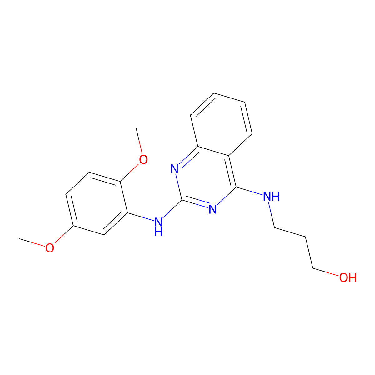 3-((2-((2,5-Dimethoxyphenyl)amino)quinazolin-4-yl)amino)propan-1-ol molecular structure, CAS 1225141-73-0