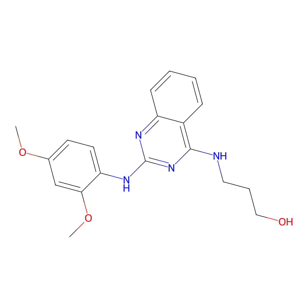 3-((2-((2,4-Dimethoxyphenyl)amino)quinazolin-4-yl)amino)propan-1-ol molecular structure, CAS 1225147-95-4