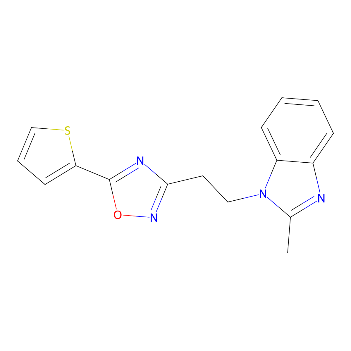 2-methyl-1-{2-[5-(thiophen-2-yl)-1,2,4-oxadiazol-3-yl]ethyl}-1H-benzimidazole molecular structure, CAS 1225150-43-5
