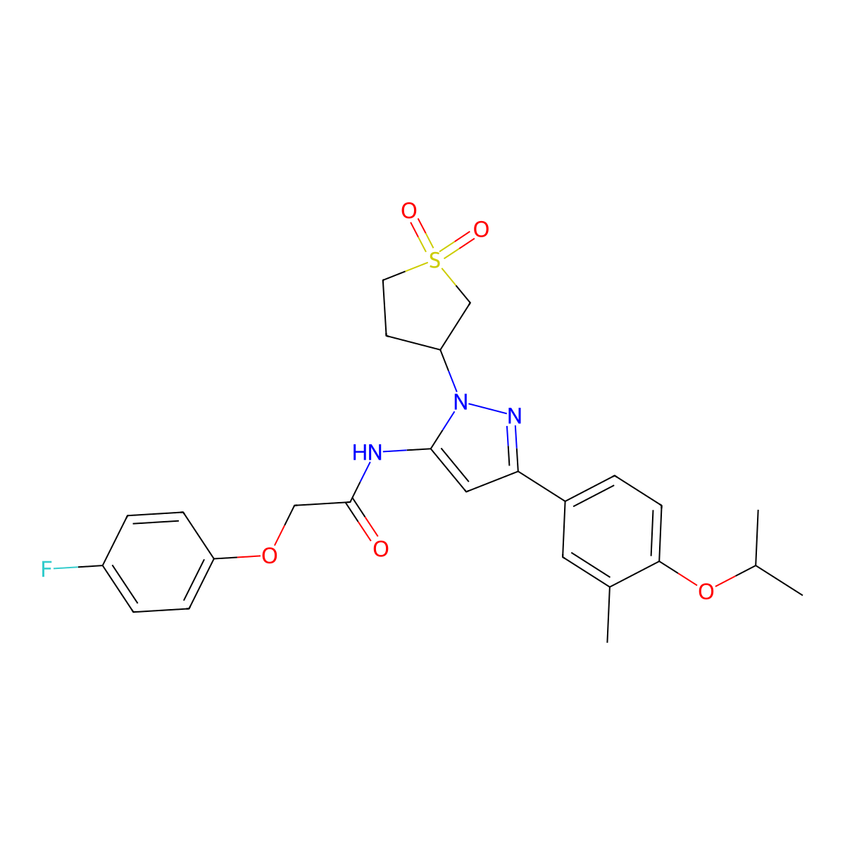 N-(1-(1,1-dioxidotetrahydrothiophen-3-yl)-3-(4-isopropoxy-3-methylphenyl)-1H-pyrazol-5-yl)-2-(4-fluorophenoxy)acetamide molecular structure, CAS 1225164-48-6