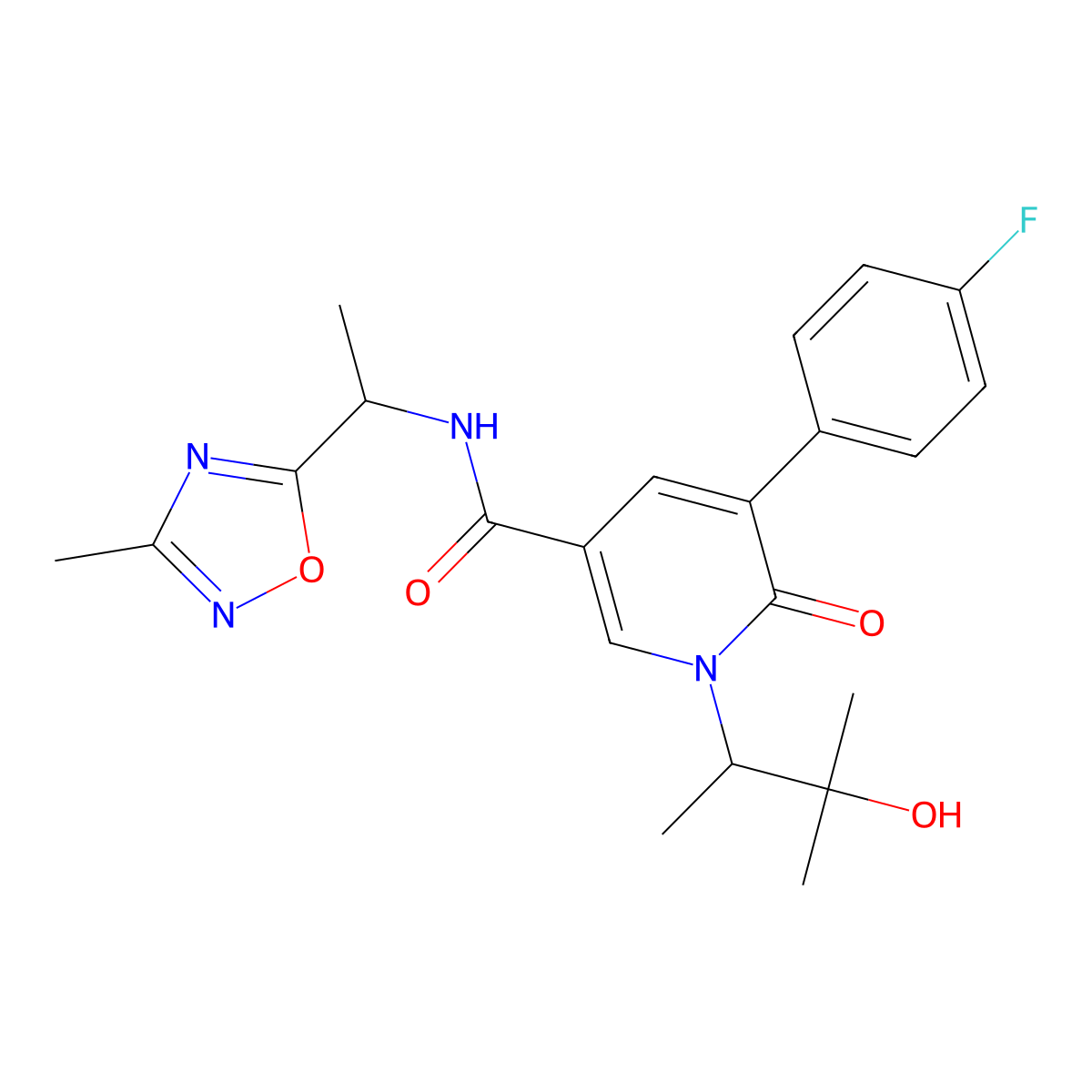 5-(4-fluorophenyl)-1-((S)-3-hydroxy-3-methylbutan-2-yl)-N-((R)-1-(3-methyl-1,2,4-oxadiazol-5-yl)ethyl)-6-oxo-1,6-dihydropyridine-3-carboxamide molecular structure, CAS 1225461-18-6
