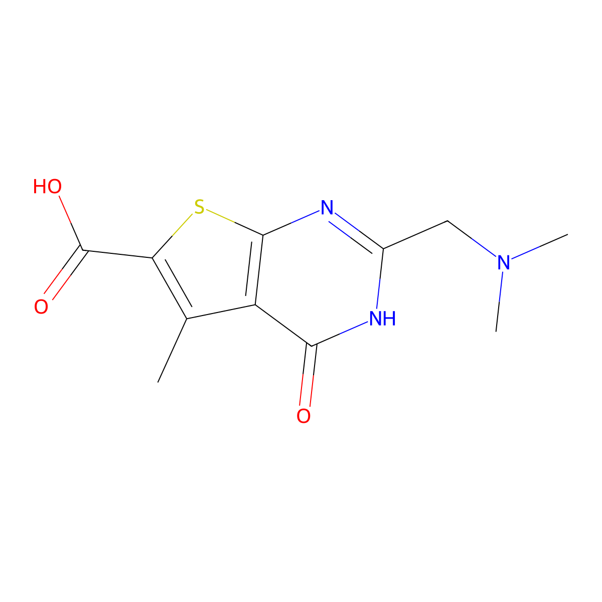 2-[(dimethylamino)methyl]-5-methyl-4-oxo-3H,4H-thieno[2,3-d]pyrimidine-6-carboxylic acid molecular structure, CAS 1225810-82-1