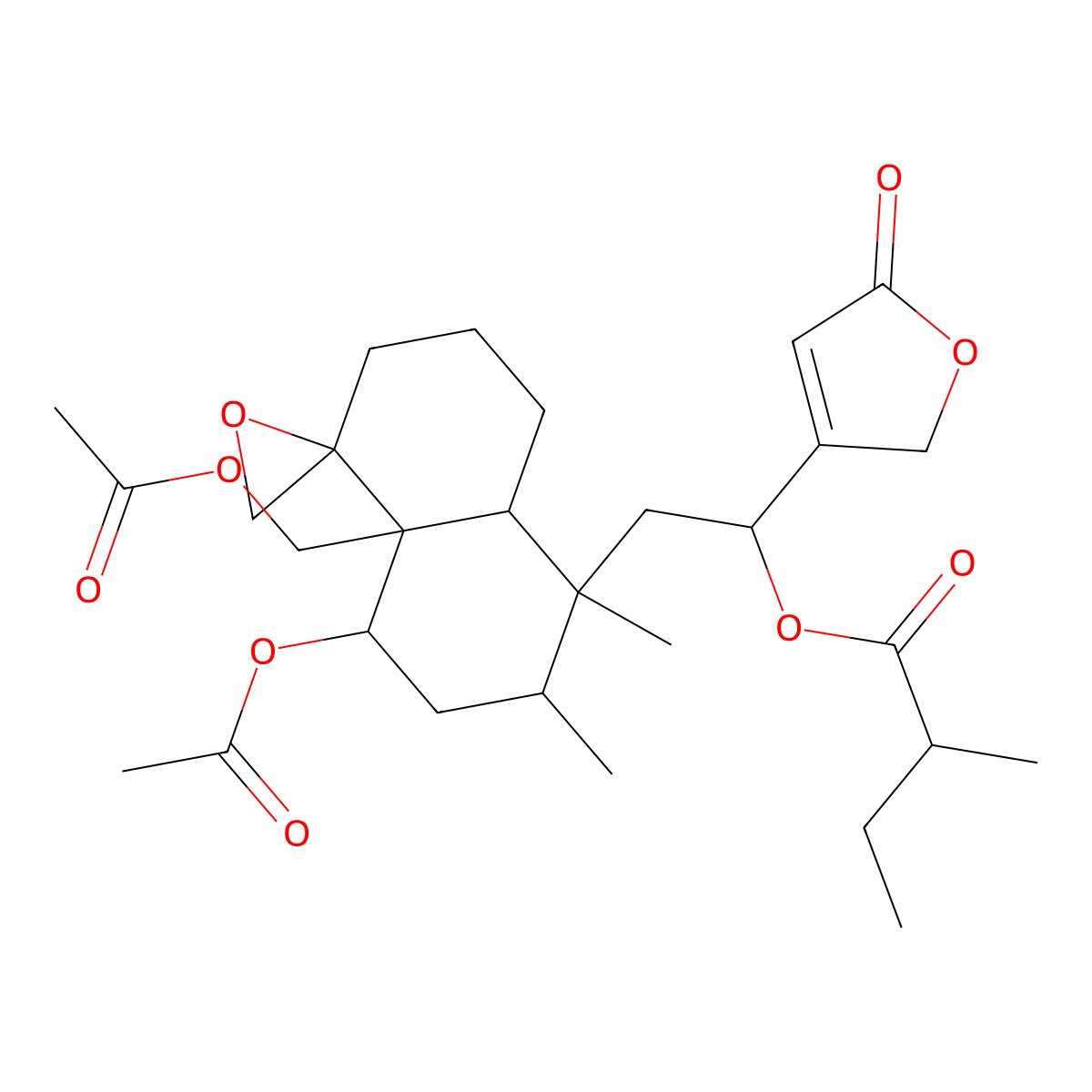 [2-[4-acetyloxy-4a-(acetyloxymethyl)-1,2-dimethylspiro[3,4,6,7,8,8a-hexahydro-2H-naphthalene-5,2'-oxirane]-1-yl]-1-(5-oxo-2H-furan-3-yl)ethyl] 2-methylbutanoate molecular structure, CAS 122587-84-2