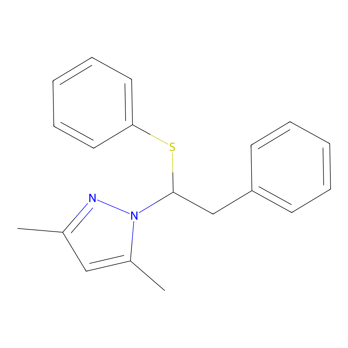 3,5-dimethyl-1-[2-phenyl-1-(phenylsulfanyl)ethyl]-1H-pyrazole molecular structure, CAS 122606-08-0