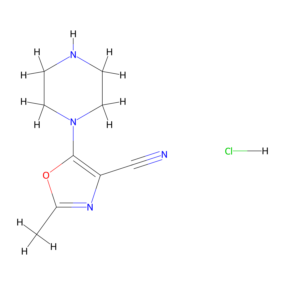 2-Methyl-5-(piperazin-1-yl)-1,3-oxazole-4-carbonitrile hydrochloride molecular structure, CAS 1226126-81-3