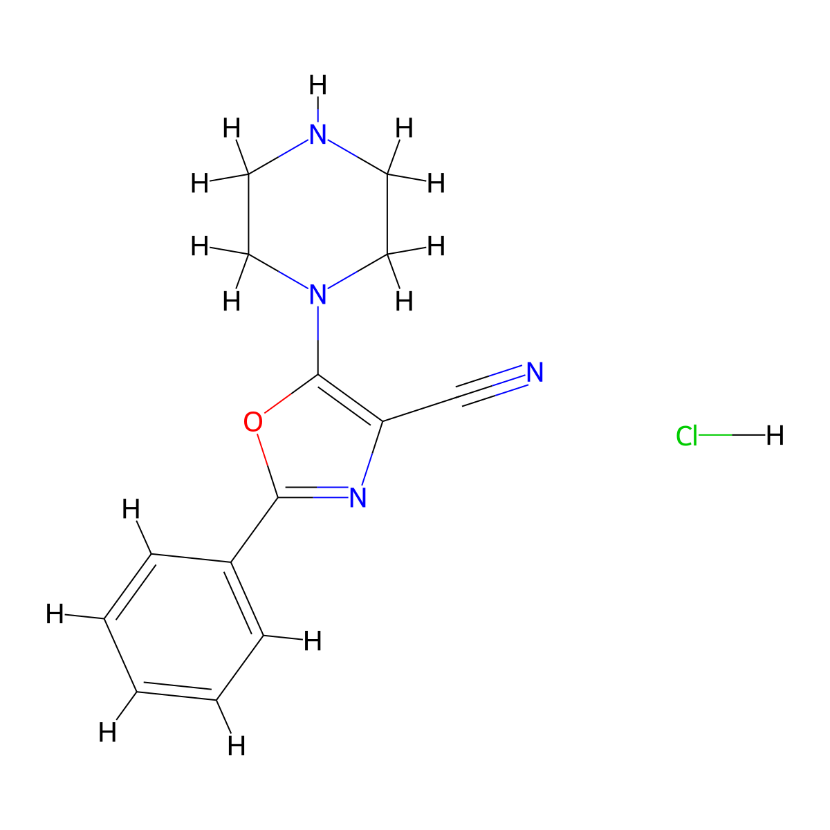2-Phenyl-5-(piperazin-1-yl)-1,3-oxazole-4-carbonitrile hydrochloride molecular structure, CAS 1226259-07-9