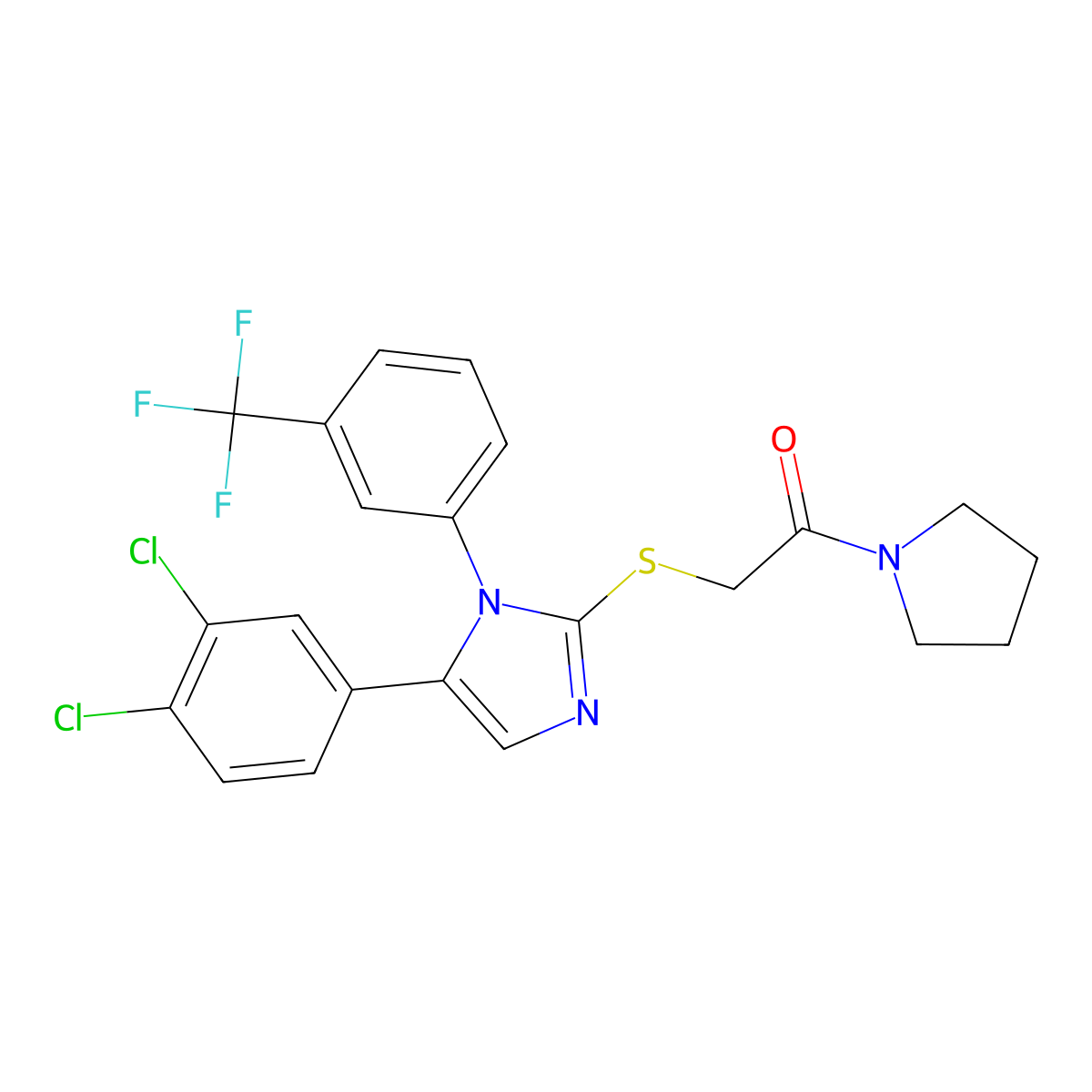 2-((5-(3,4-dichlorophenyl)-1-(3-(trifluoromethyl)phenyl)-1H-imidazol-2-yl)thio)-1-(pyrrolidin-1-yl)ethanone molecular structure, CAS 1226426-82-9