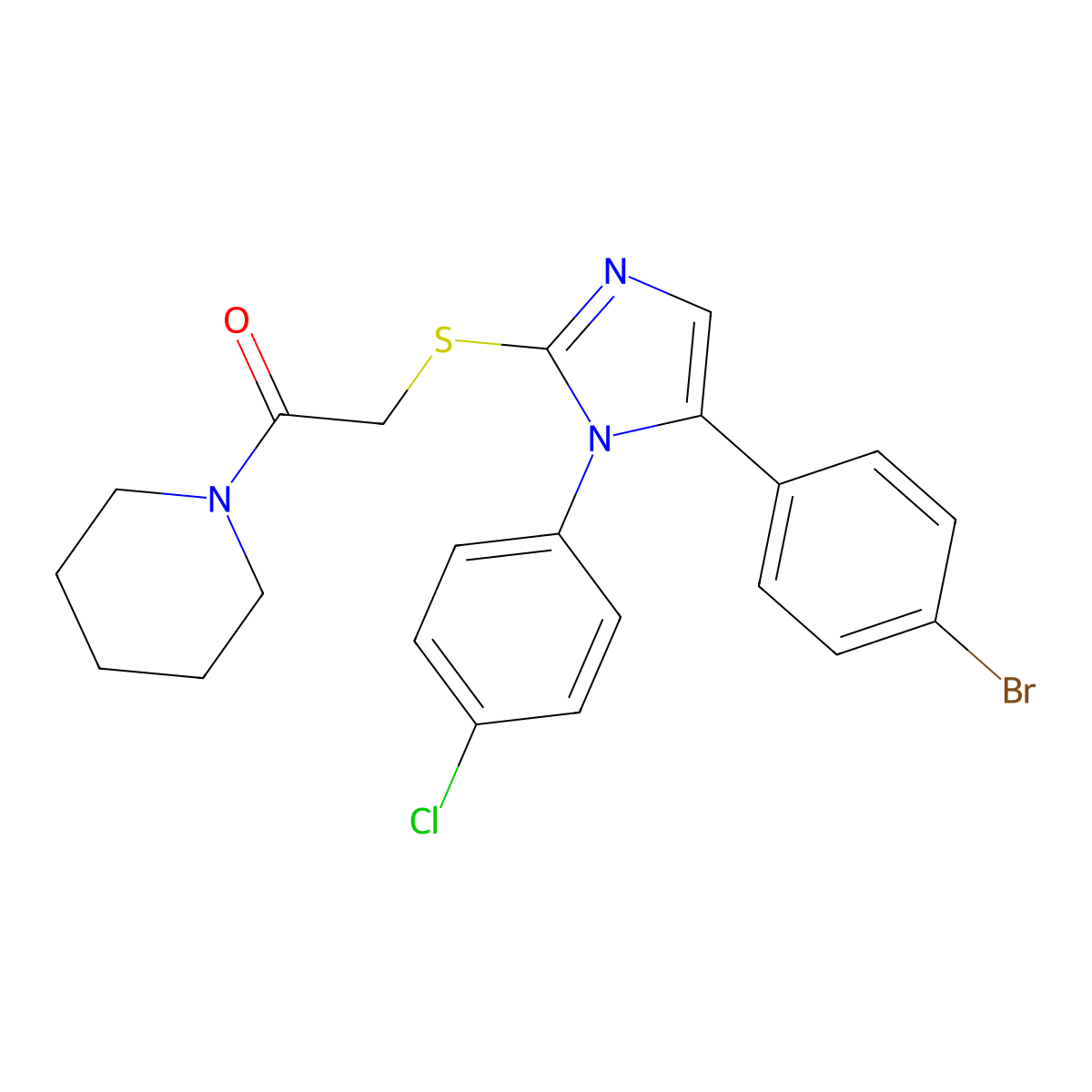 2-((5-(4-bromophenyl)-1-(4-chlorophenyl)-1H-imidazol-2-yl)thio)-1-(piperidin-1-yl)ethanone molecular structure, CAS 1226426-84-1