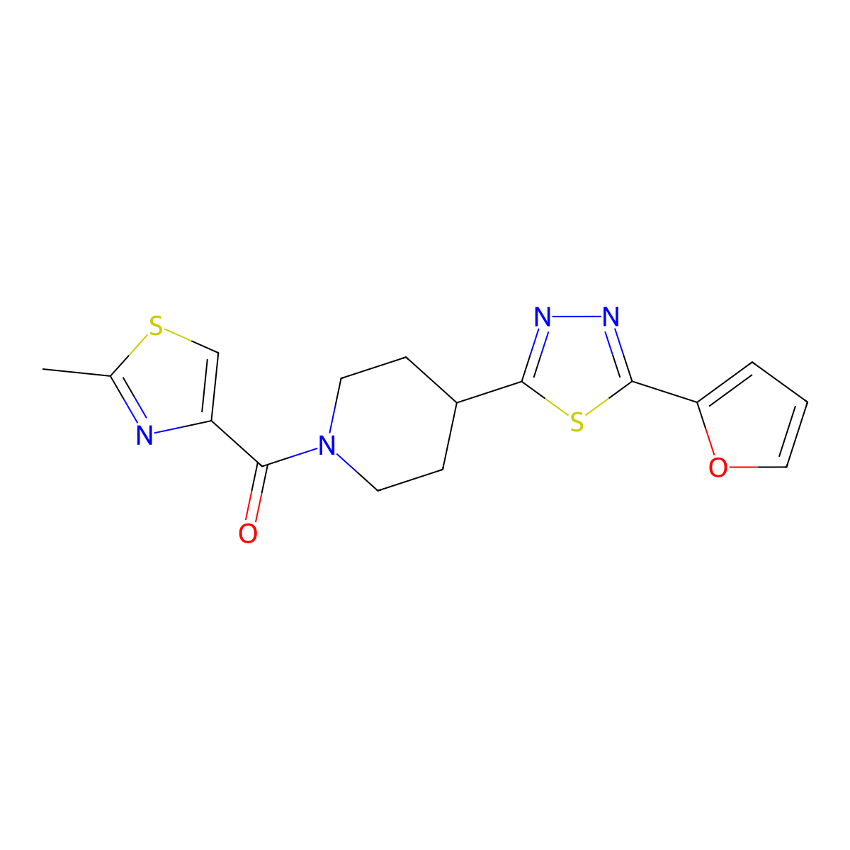 (4-(5-(Furan-2-yl)-1,3,4-thiadiazol-2-yl)piperidin-1-yl)(2-methylthiazol-4-yl)methanone molecular structure, CAS 1226427-00-4