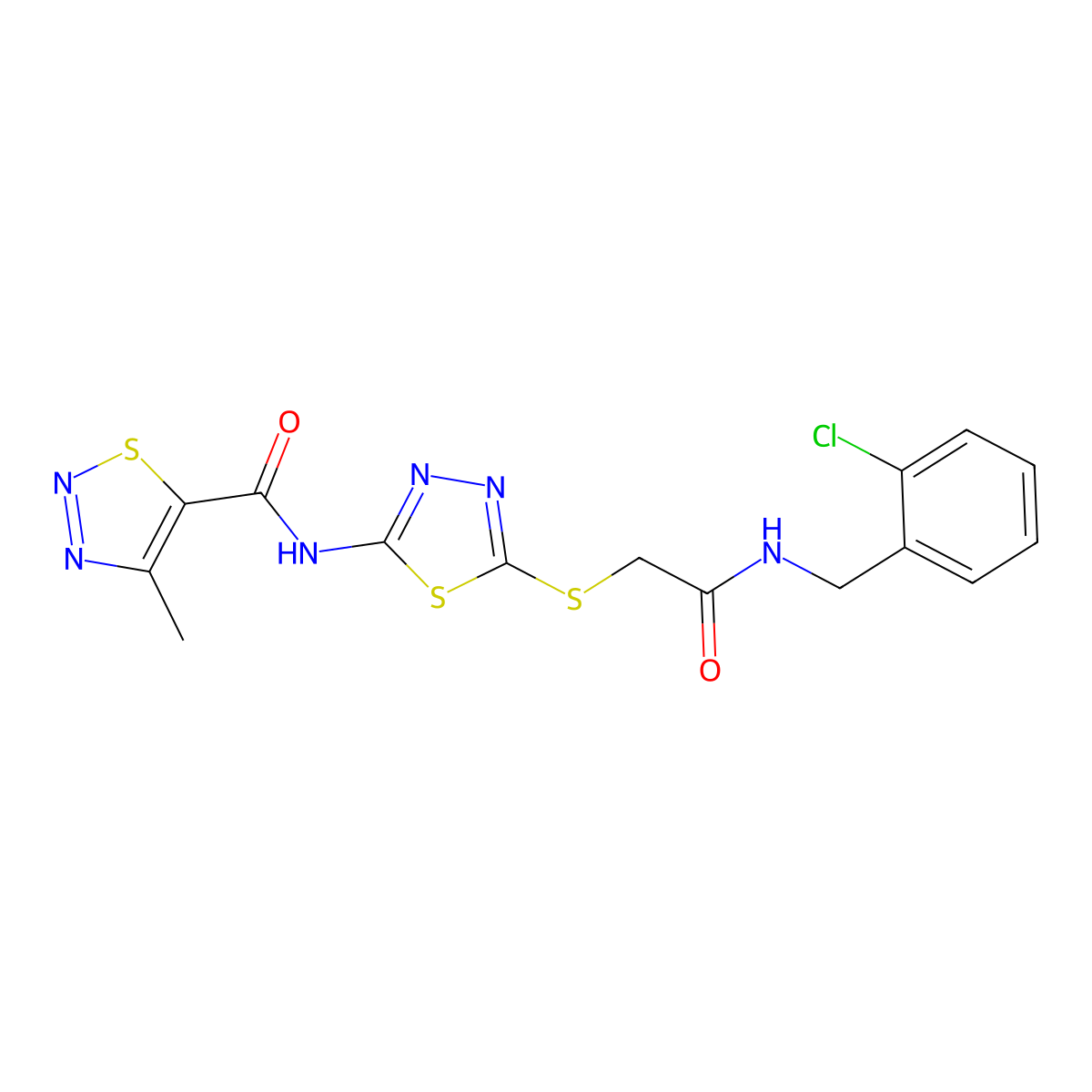 N-(5-((2-((2-chlorobenzyl)amino)-2-oxoethyl)thio)-1,3,4-thiadiazol-2-yl)-4-methyl-1,2,3-thiadiazole-5-carboxamide molecular structure, CAS 1226427-05-9
