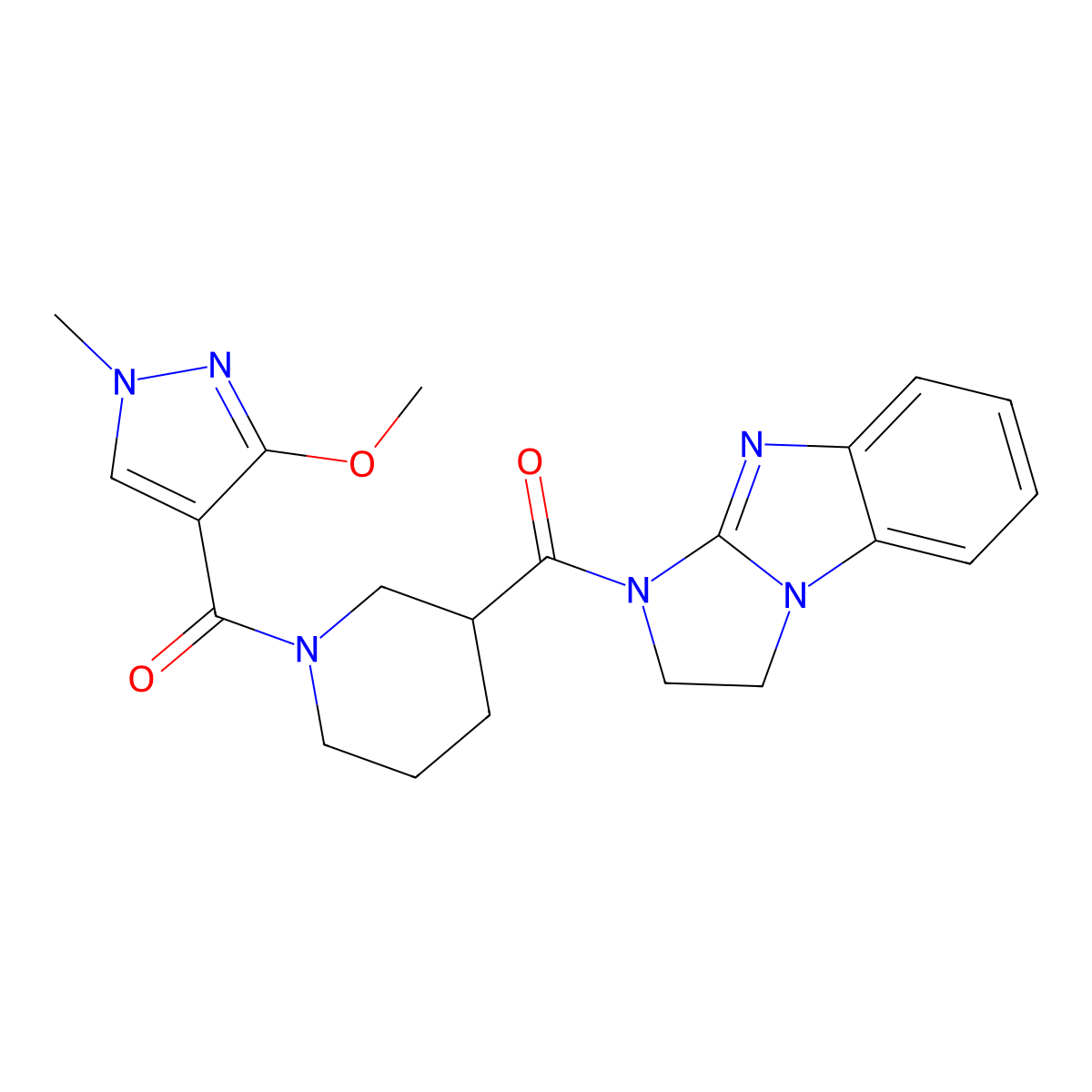 5-[1-(3-methoxy-1-methyl-1H-pyrazole-4-carbonyl)piperidine-3-carbonyl]-2,5,7-triazatricyclo[6.4.0.0^{2,6}]dodeca-1(8),6,9,11-tetraene molecular structure, CAS 1226427-08-2