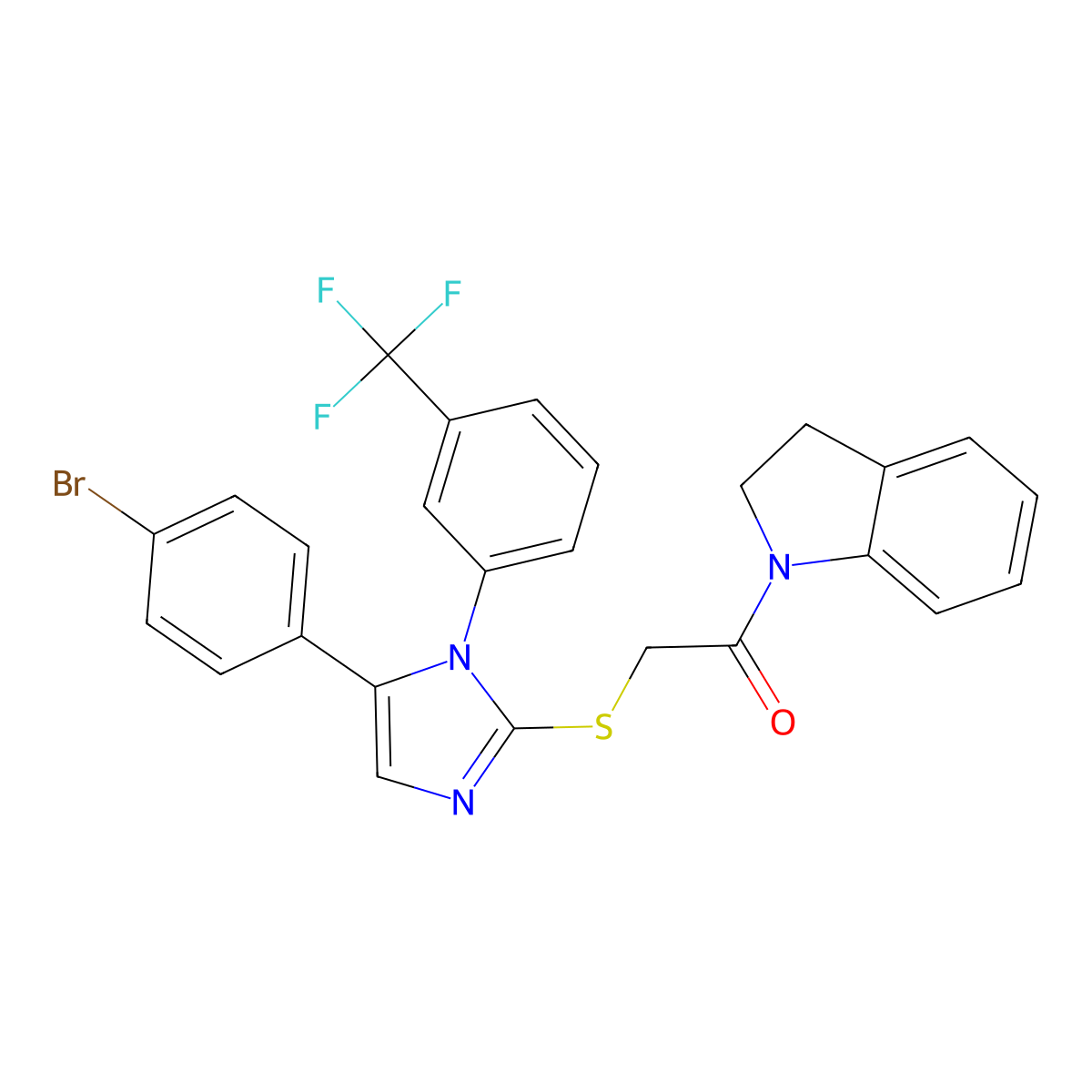 2-((5-(4-bromophenyl)-1-(3-(trifluoromethyl)phenyl)-1H-imidazol-2-yl)thio)-1-(indolin-1-yl)ethanone molecular structure, CAS 1226427-22-0