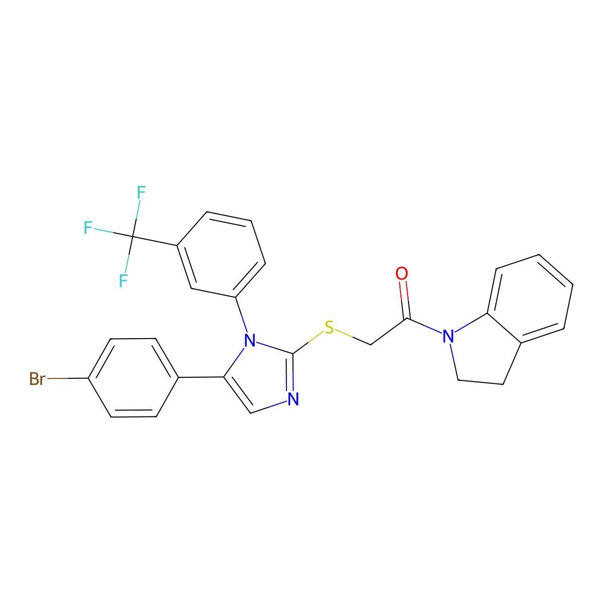 2-((5-(4-bromophenyl)-1-(3-(trifluoromethyl)phenyl)-1H-imidazol-2-yl)thio)-1-(indolin-1-yl)ethanone molecular structure, CAS 1226427-22-0