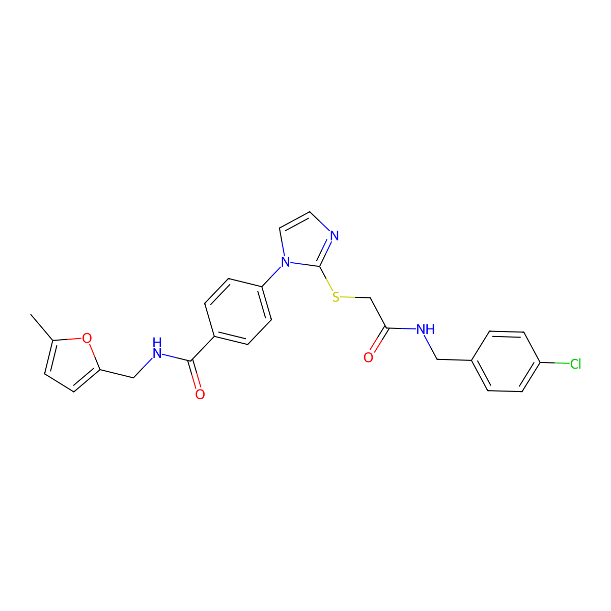 4-{2-[({[(4-chlorophenyl)methyl]carbamoyl}methyl)sulfanyl]-1H-imidazol-1-yl}-N-[(5-methylfuran-2-yl)methyl]benzamide molecular structure, CAS 1226427-25-3
