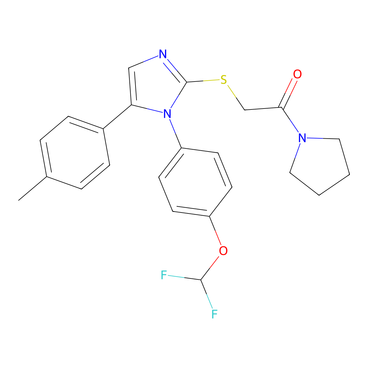 2-((1-(4-(difluoromethoxy)phenyl)-5-(p-tolyl)-1H-imidazol-2-yl)thio)-1-(pyrrolidin-1-yl)ethanone molecular structure, CAS 1226427-29-7
