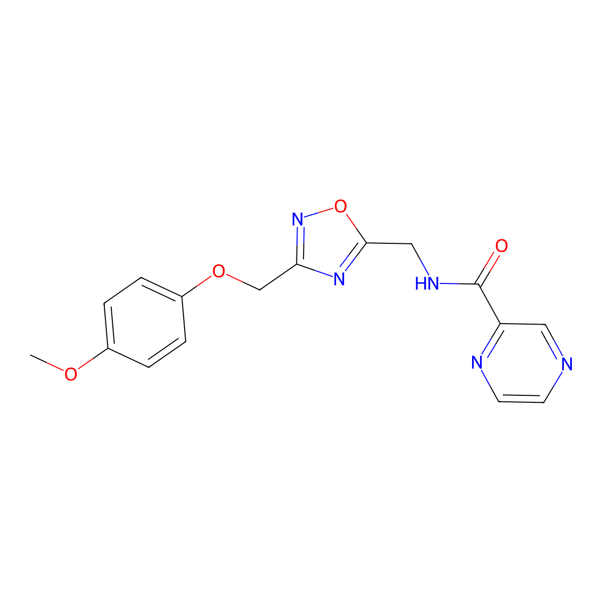 N-({3-[(4-methoxyphenoxy)methyl]-1,2,4-oxadiazol-5-yl}methyl)pyrazine-2-carboxamide molecular structure, CAS 1226427-34-4