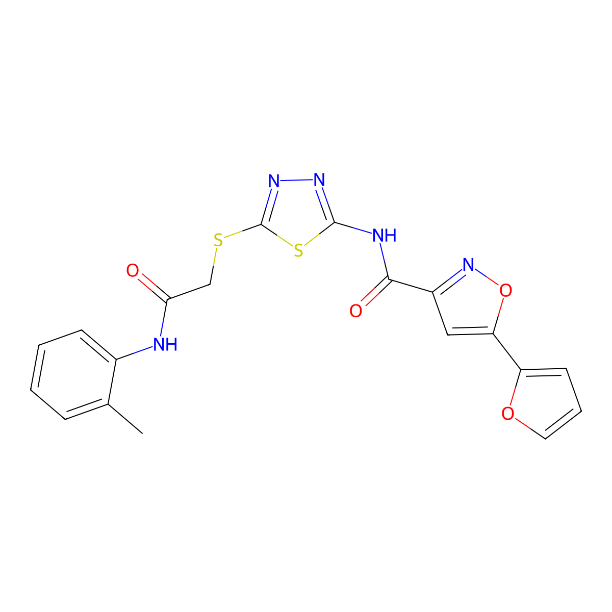 5-(furan-2-yl)-N-(5-((2-oxo-2-(o-tolylamino)ethyl)thio)-1,3,4-thiadiazol-2-yl)isoxazole-3-carboxamide molecular structure, CAS 1226427-42-4