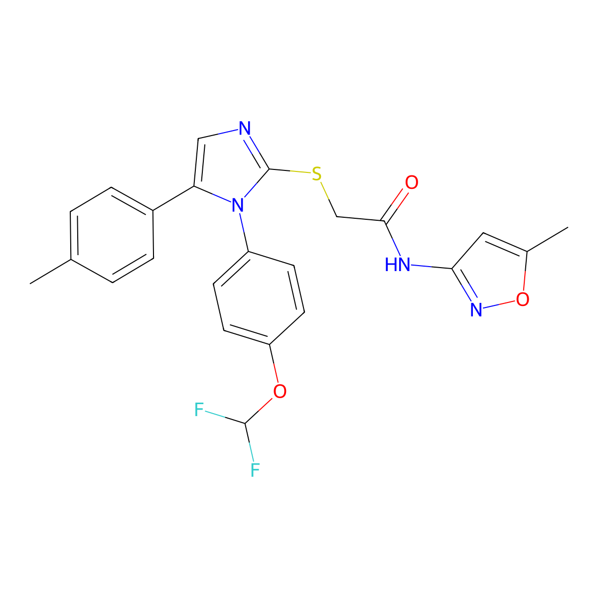 2-((1-(4-(difluoromethoxy)phenyl)-5-(p-tolyl)-1H-imidazol-2-yl)thio)-N-(5-methylisoxazol-3-yl)acetamide molecular structure, CAS 1226427-47-9
