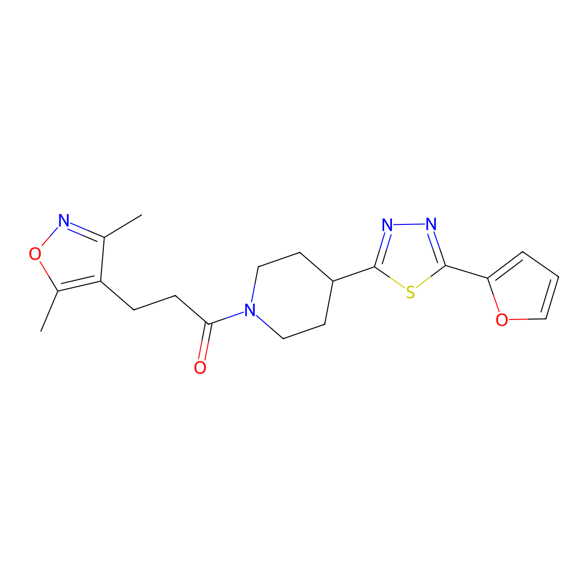 3-(3,5-Dimethylisoxazol-4-yl)-1-(4-(5-(furan-2-yl)-1,3,4-thiadiazol-2-yl)piperidin-1-yl)propan-1-one molecular structure, CAS 1226427-51-5