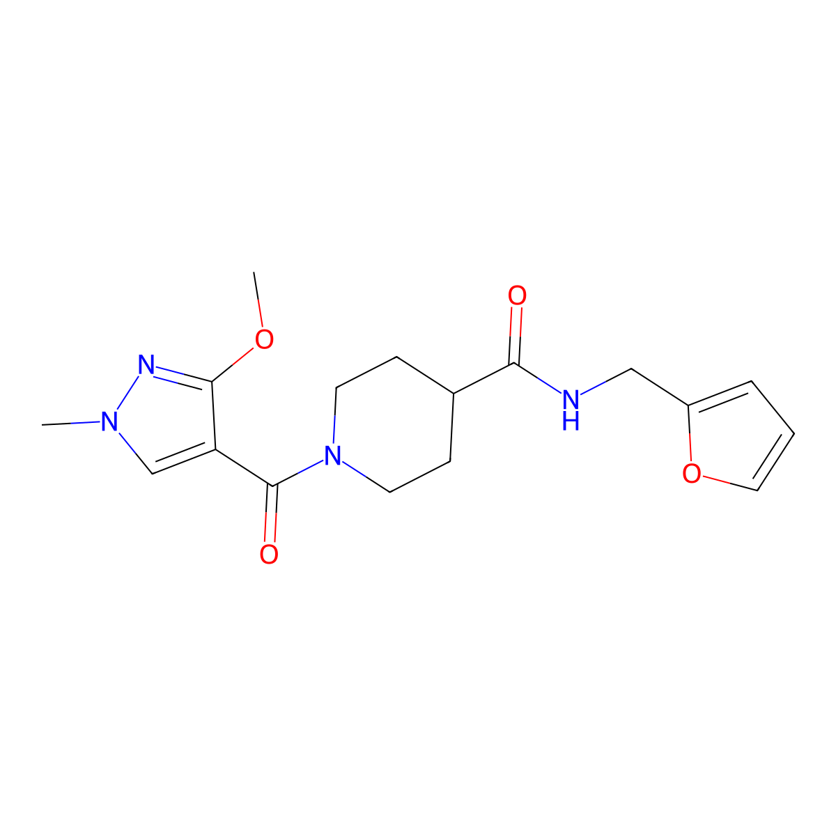 N-(furan-2-ylmethyl)-1-(3-methoxy-1-methyl-1H-pyrazole-4-carbonyl)piperidine-4-carboxamide molecular structure, CAS 1226427-62-8