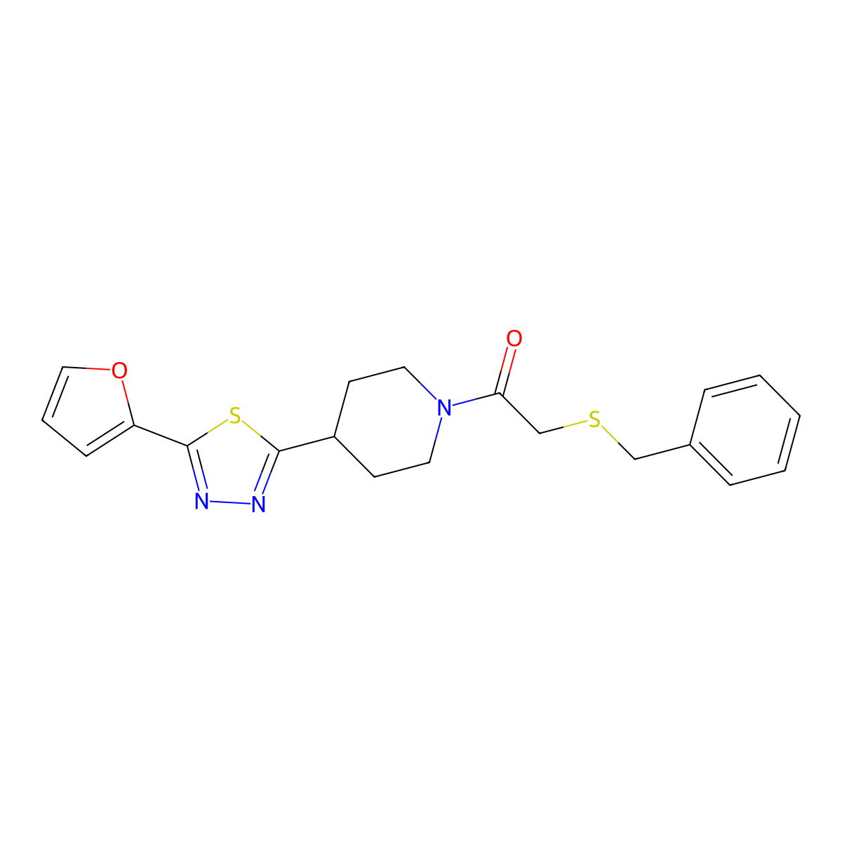 2-(Benzylsulfanyl)-1-{4-[5-(furan-2-yl)-1,3,4-thiadiazol-2-yl]piperidin-1-yl}ethan-1-one molecular structure, CAS 1226427-64-0