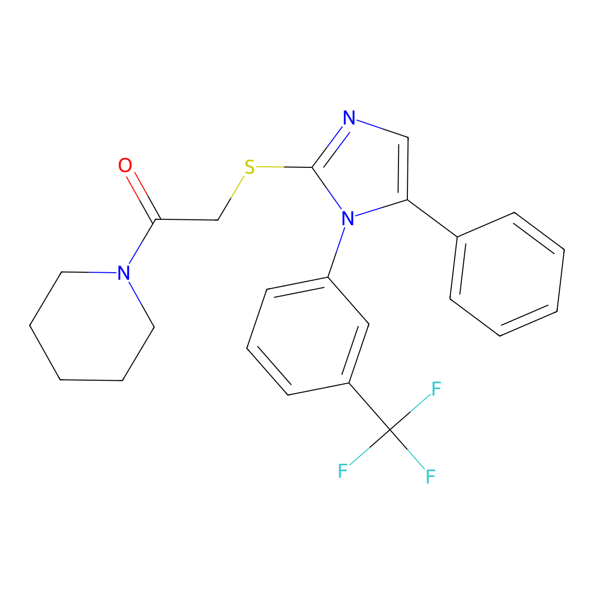2-((5-phenyl-1-(3-(trifluoromethyl)phenyl)-1H-imidazol-2-yl)thio)-1-(piperidin-1-yl)ethanone molecular structure, CAS 1226427-66-2
