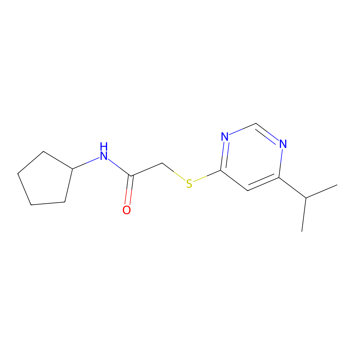 N-cyclopentyl-2-{[6-(propan-2-yl)pyrimidin-4-yl]sulfanyl}acetamide molecular structure, CAS 1226427-67-3