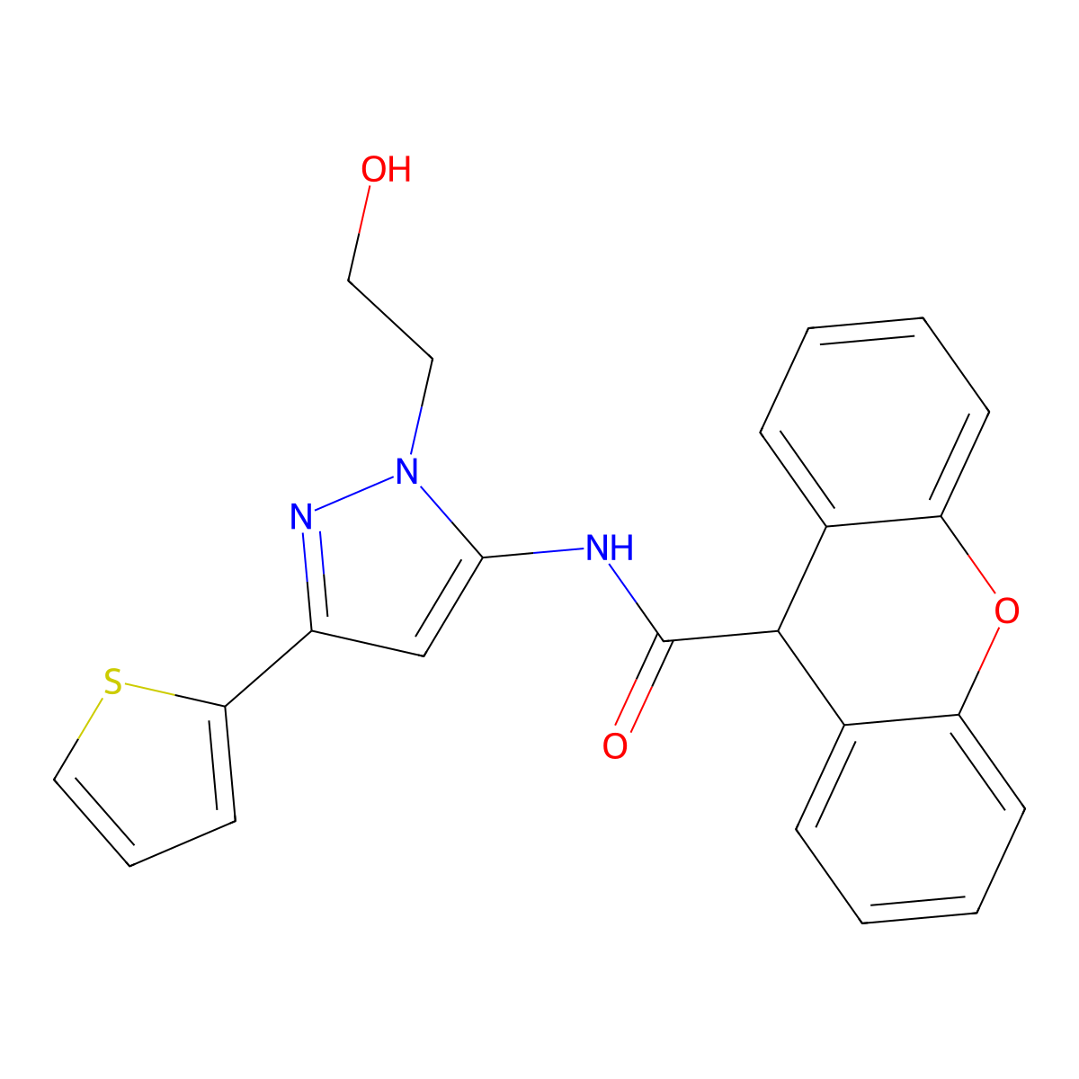 N-[1-(2-hydroxyethyl)-3-(thiophen-2-yl)-1H-pyrazol-5-yl]-9H-xanthene-9-carboxamide molecular structure, CAS 1226427-80-0