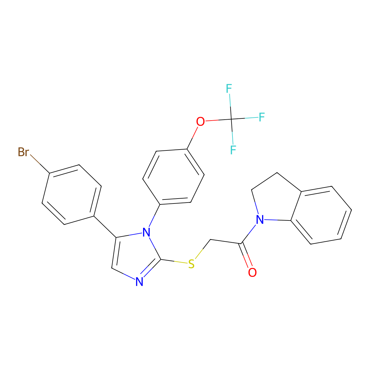 2-((5-(4-bromophenyl)-1-(4-(trifluoromethoxy)phenyl)-1H-imidazol-2-yl)thio)-1-(indolin-1-yl)ethanone molecular structure, CAS 1226427-96-8