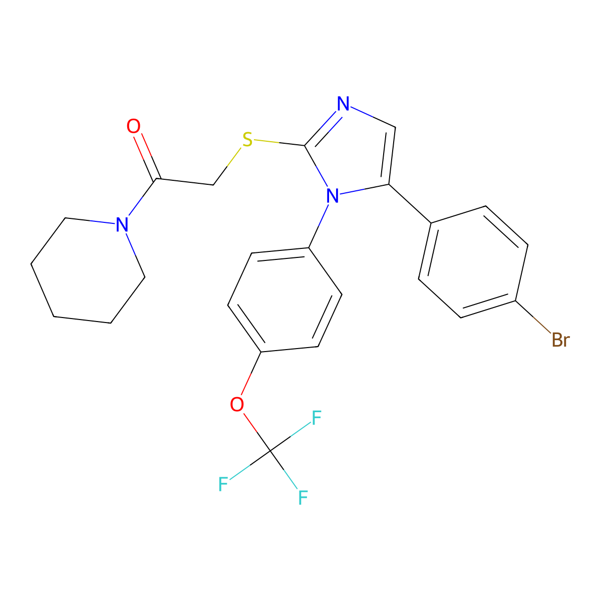 2-((5-(4-bromophenyl)-1-(4-(trifluoromethoxy)phenyl)-1H-imidazol-2-yl)thio)-1-(piperidin-1-yl)ethanone molecular structure, CAS 1226427-97-9