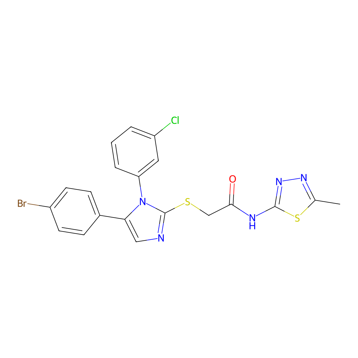 2-((5-(4-bromophenyl)-1-(3-chlorophenyl)-1H-imidazol-2-yl)thio)-N-(5-methyl-1,3,4-thiadiazol-2-yl)acetamide molecular structure, CAS 1226428-02-9