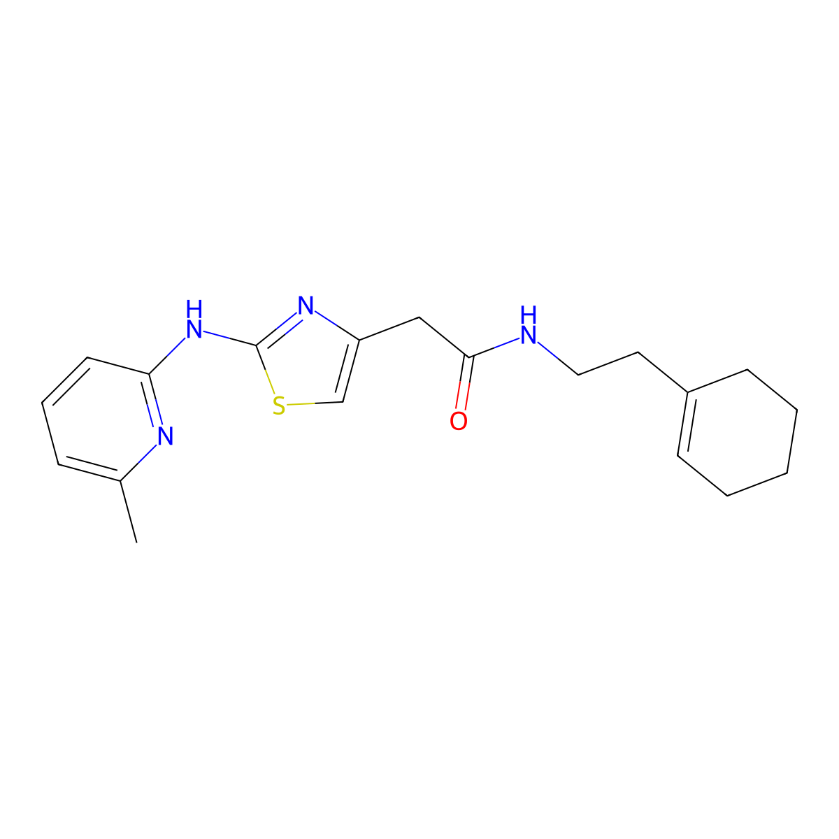N-(2-(cyclohex-1-en-1-yl)ethyl)-2-(2-((6-methylpyridin-2-yl)amino)thiazol-4-yl)acetamide molecular structure, CAS 1226428-03-0